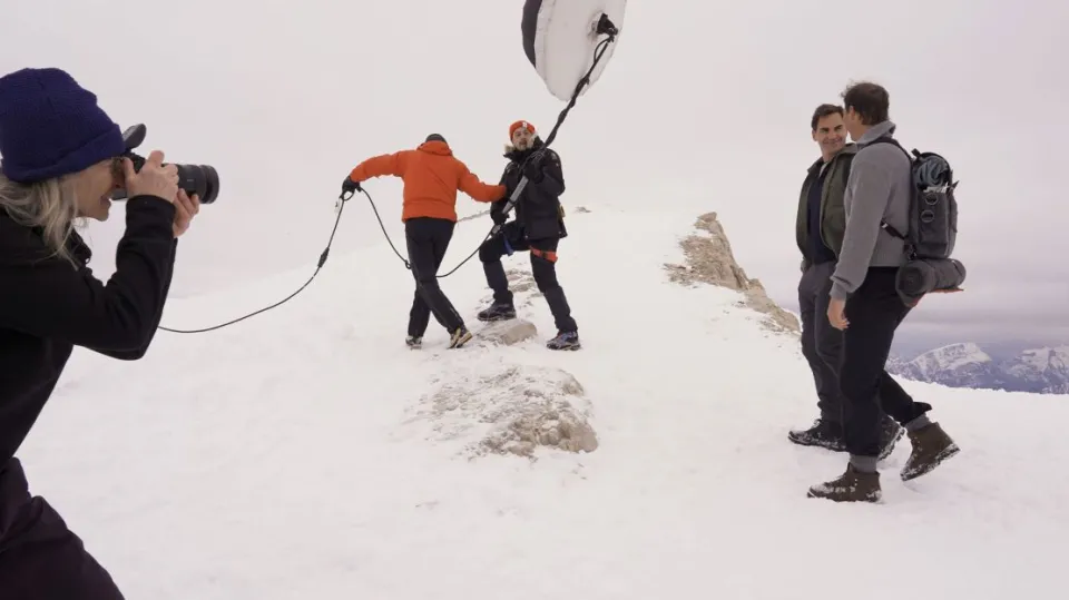 A behind-the-scenes shot of tennis stars Roger Federer and Rafael Nadal while on a photoshoot for a recent Louis Vuitton campaign.